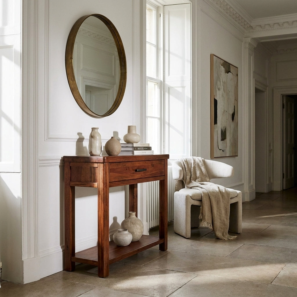 Willow 1 drawer console table in dark acacia with a lower shelf, styled in a bright panelled hallway