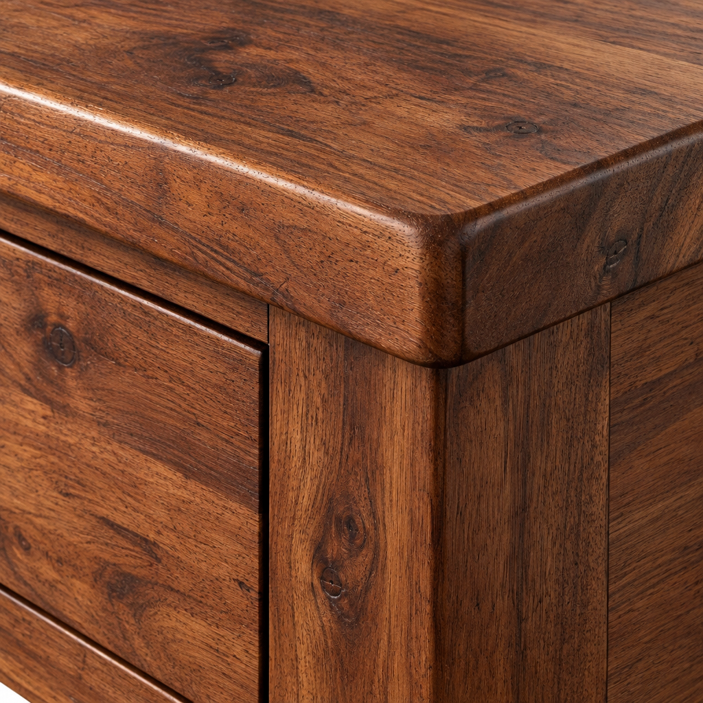 Close-up of the Willow 2 drawer console table top corner showing the chamfered plank edge in dark acacia