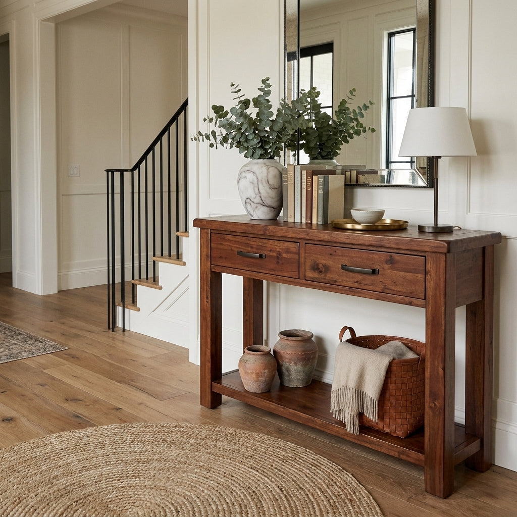 Willow 2 drawer console table in dark acacia with a lower shelf, styled in a hallway beside a staircase