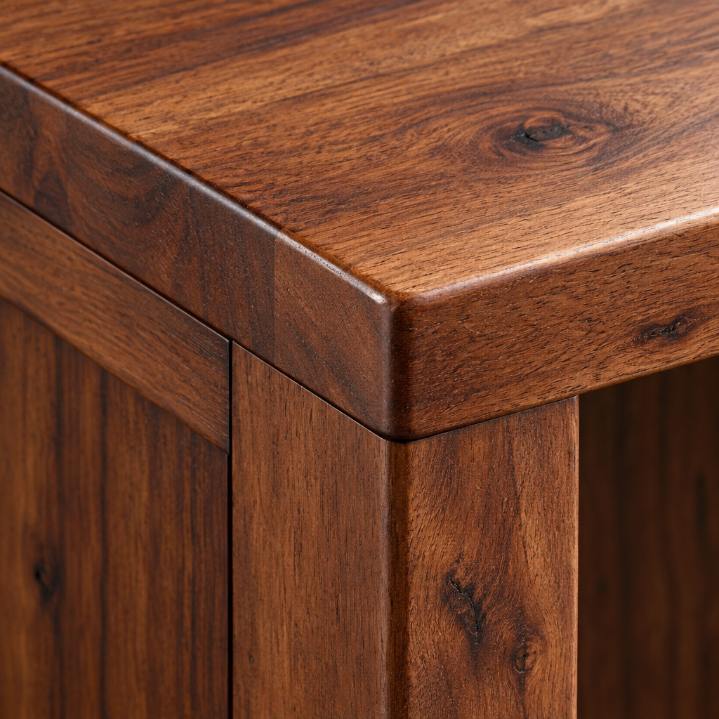 Close-up of the Willow low bookcase top corner showing the chamfered plank edge in dark acacia