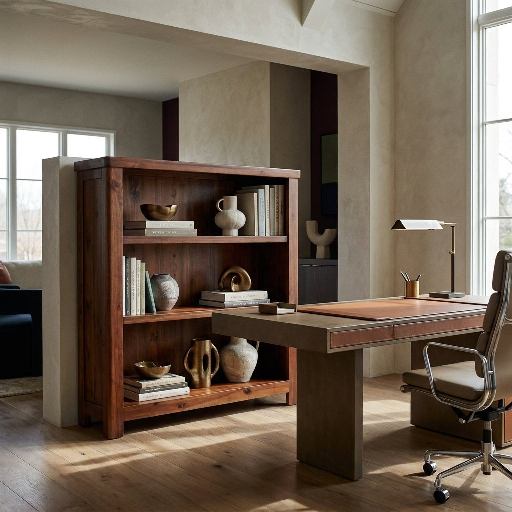 Willow low bookcase in dark acacia with three open shelves, styled in a contemporary home office