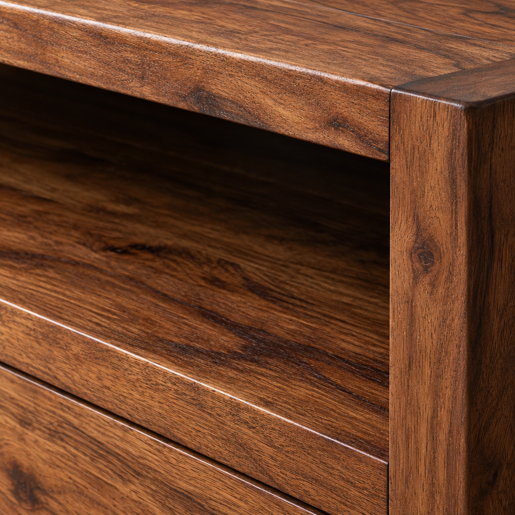 Close-up of the Willow coffee table open shelf beneath the plank top in dark acacia