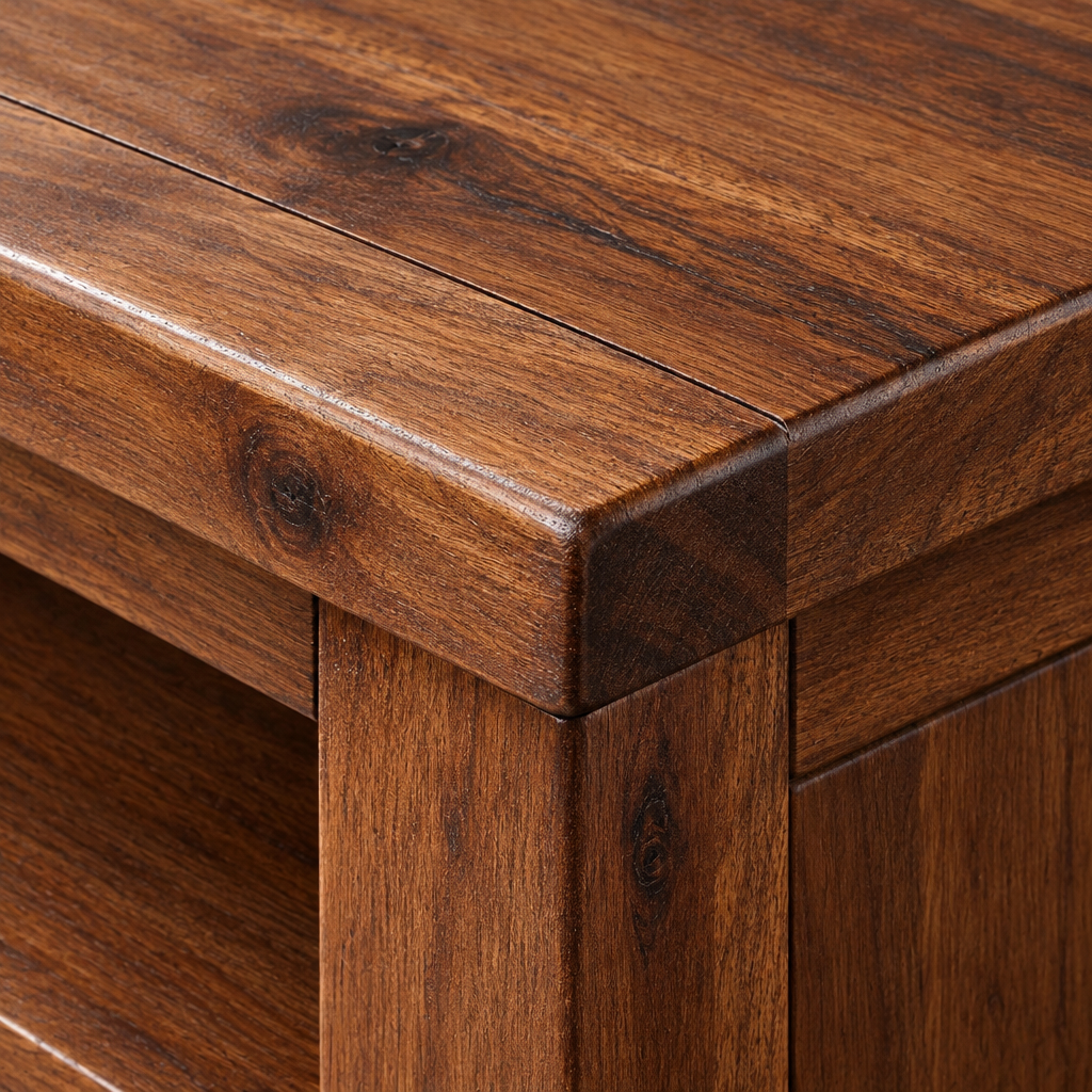 Close-up of the Willow coffee table top corner showing the chamfered plank edge in dark acacia