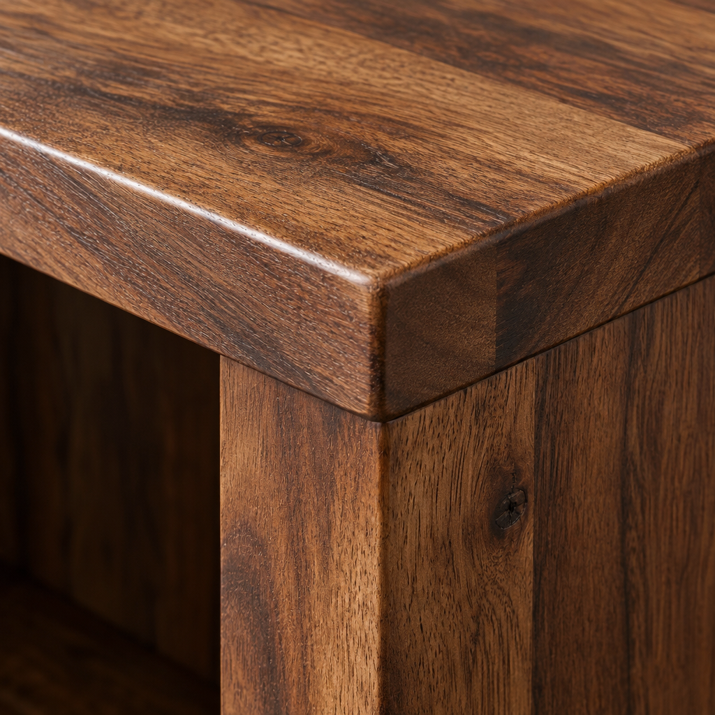 Close-up of the Willow tall bookcase top corner showing the chamfered plank edge in dark acacia