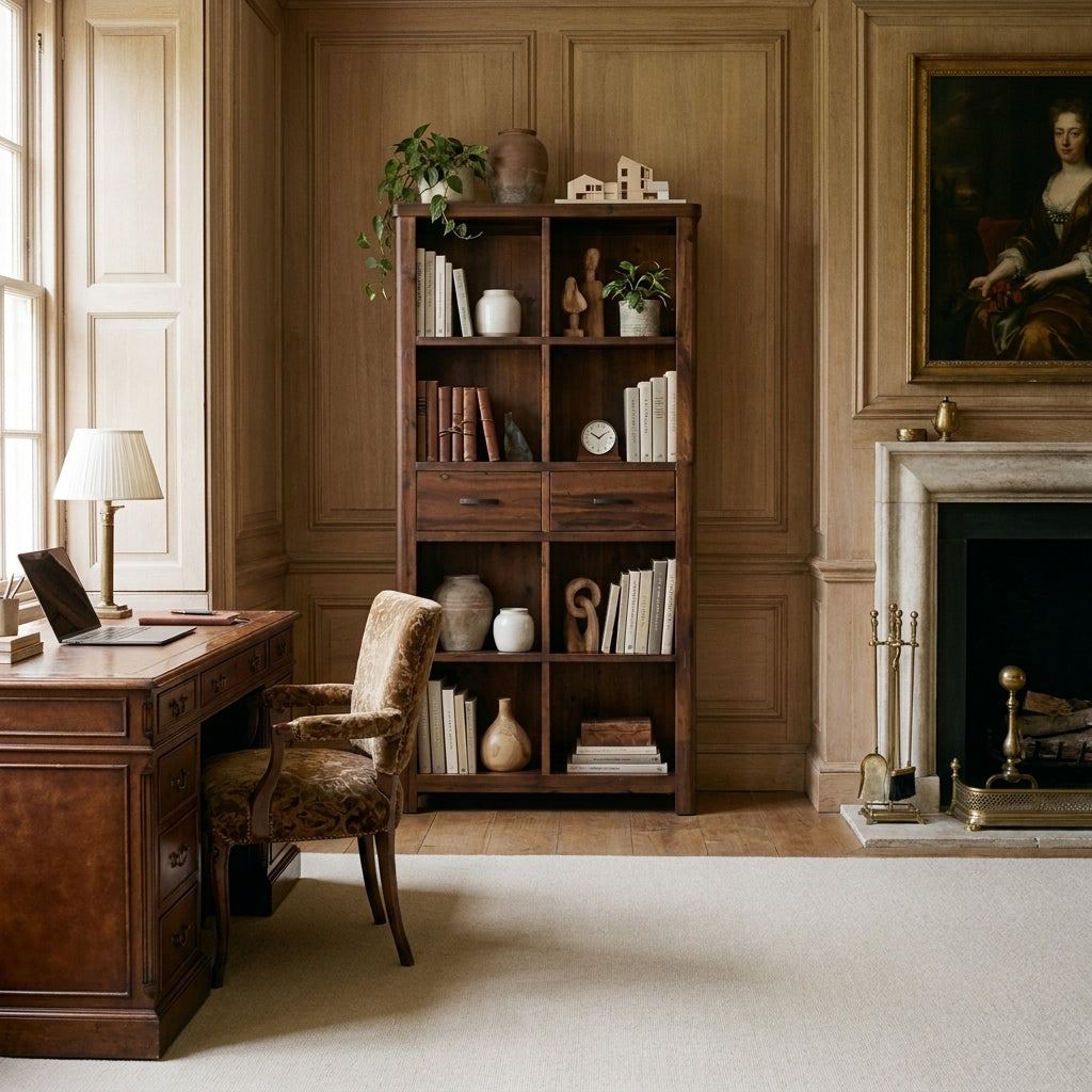 Willow tall bookcase in dark acacia with open cubbies and two central drawers, styled in a panelled home office