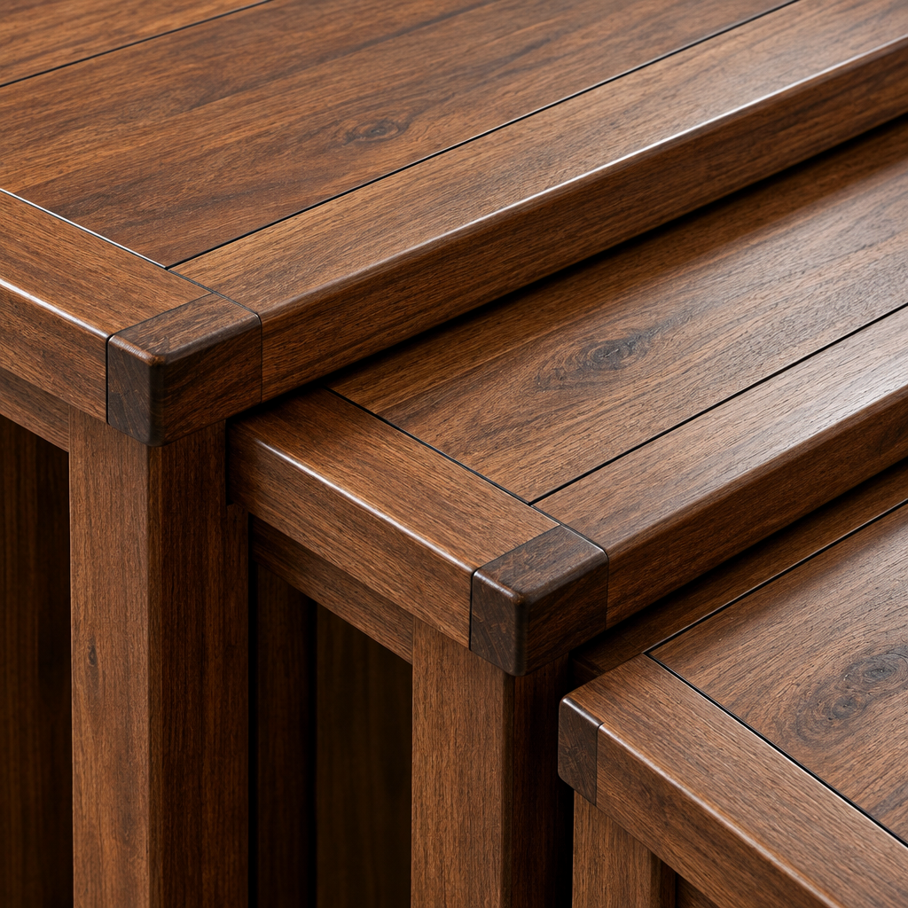 Close-up of the three Willow nest table tops stepped together, showing the chamfered edges in dark acacia
