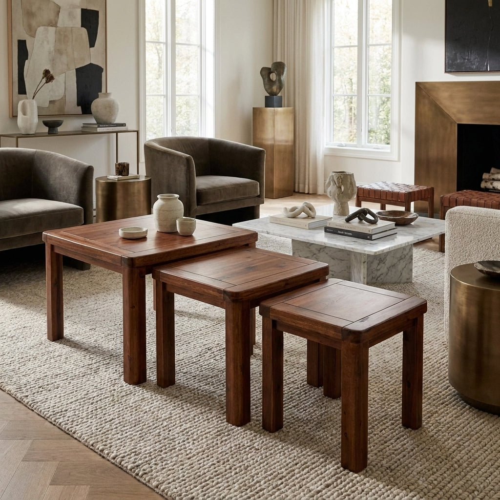 Willow nest of three tables in dark acacia pulled apart in a contemporary living room