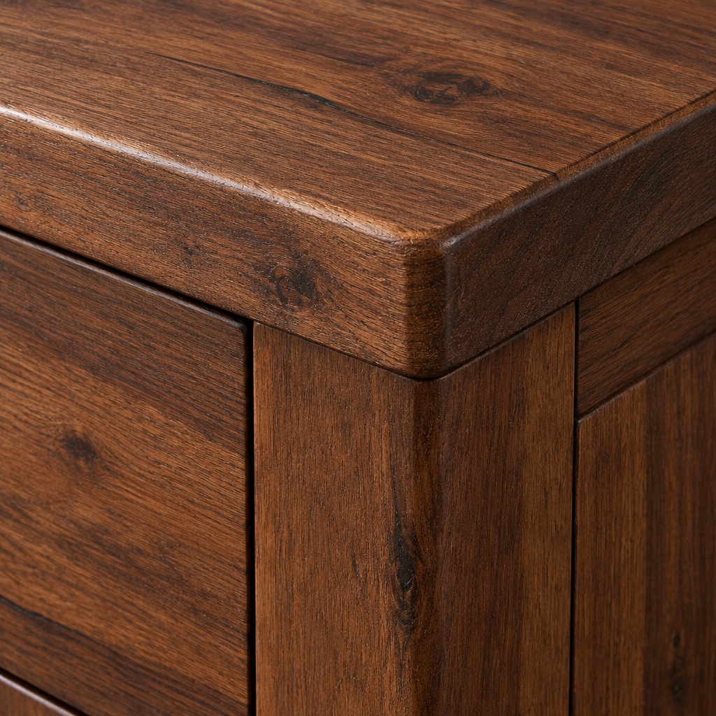 Close-up of the Willow 2 door sideboard top corner showing the chamfered plank edge in dark acacia