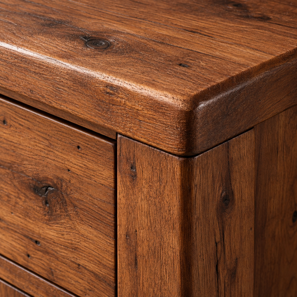 Close-up of the Willow 3 door sideboard top corner showing the chamfered plank edge in dark acacia