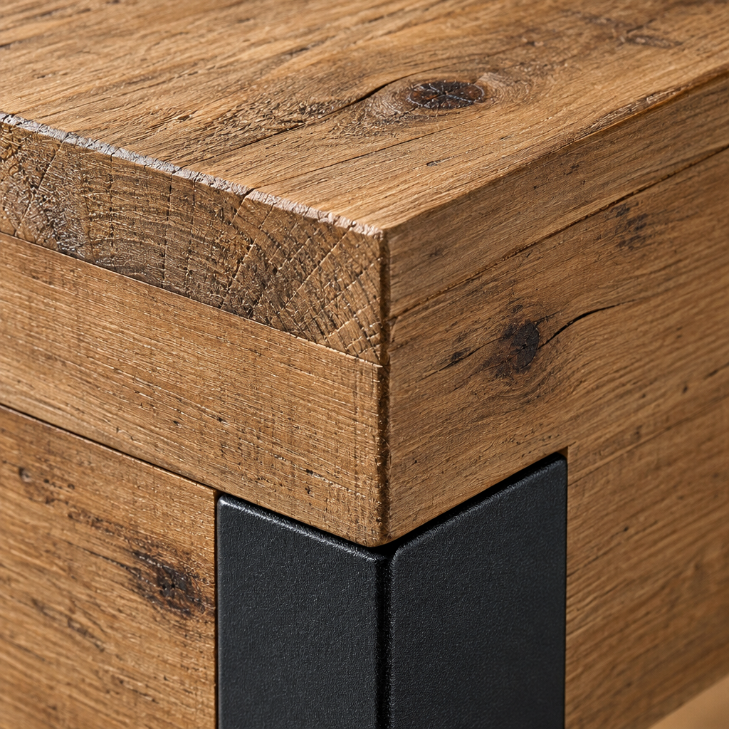 Close-up of the Jennifer console table antiqued pine top edge meeting the black metal leg