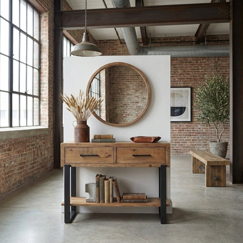 Jennifer large console table in antiqued pine with a black metal frame and two drawers, styled in an industrial hallway