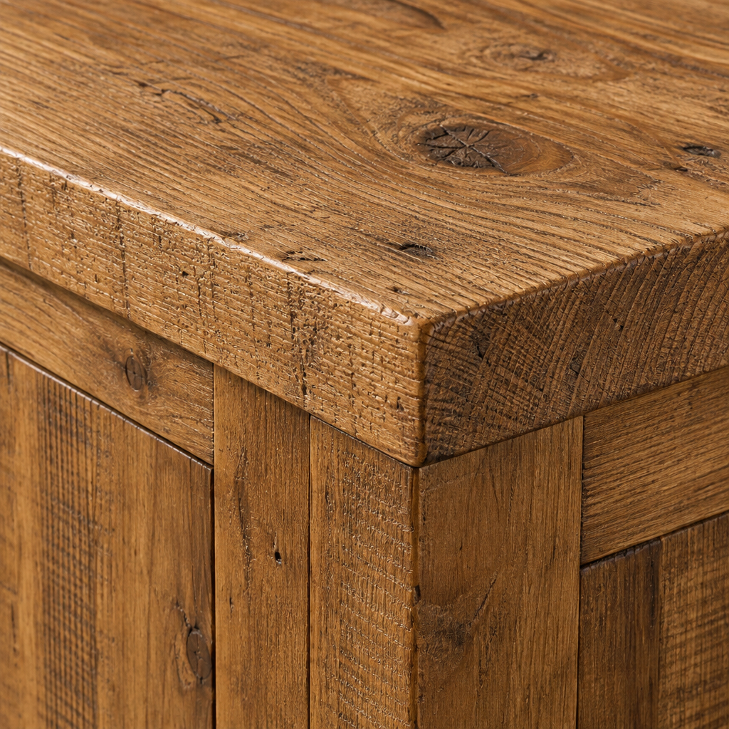 Close-up of the Jennifer sideboard antiqued pine top edge and grain