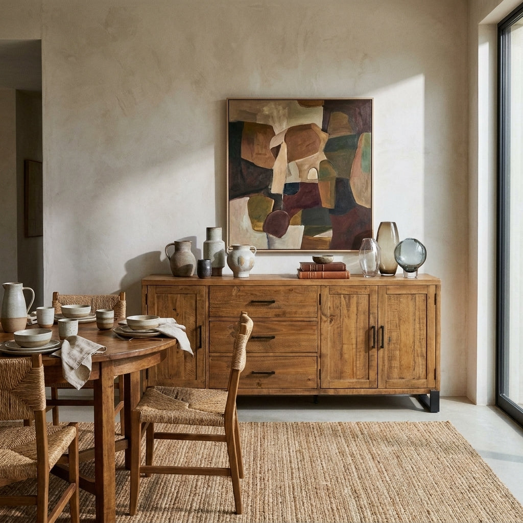 Jennifer large sideboard in antiqued pine with drawers and cupboard doors, styled in an eclectic dining room