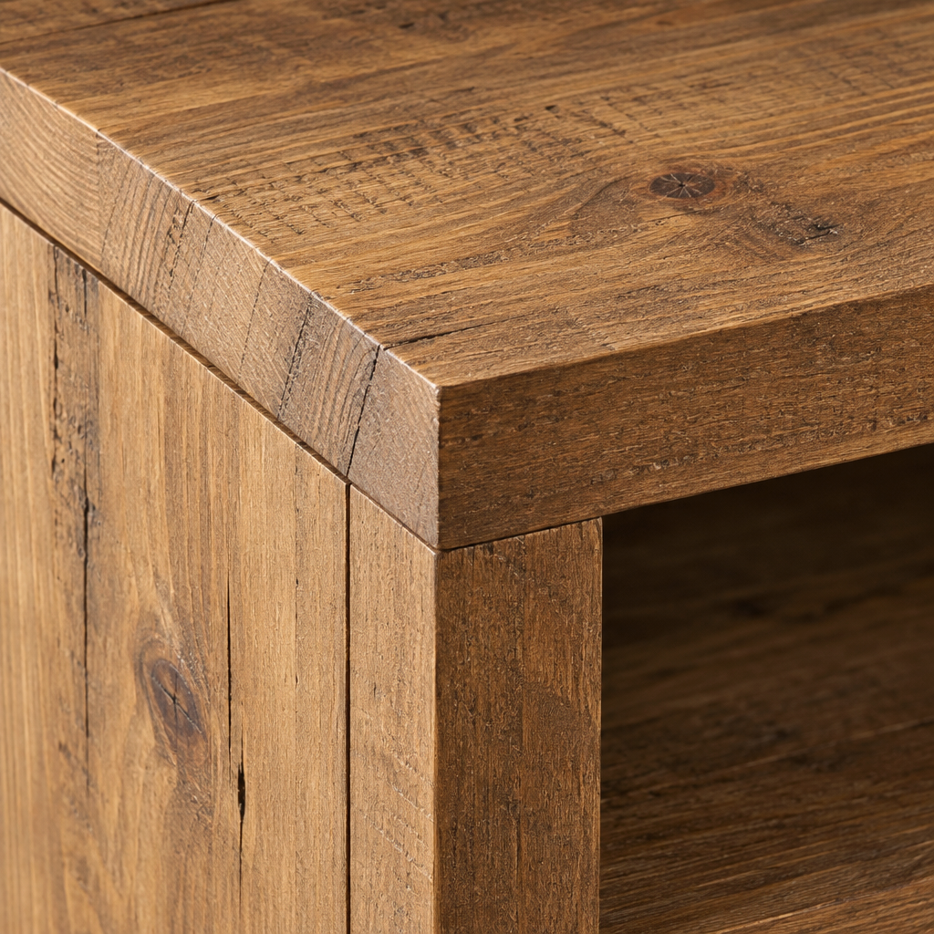 Close-up of the Jennifer medium display antiqued pine top edge and grain