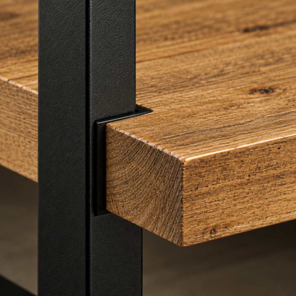 Close-up of the Jennifer end table black metal frame bracket carrying the antiqued pine lower shelf