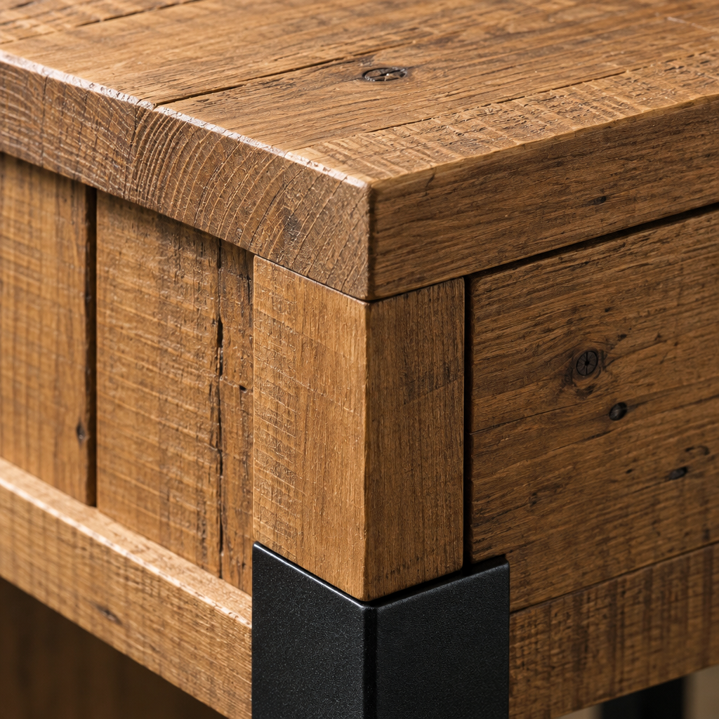 Close-up of the Jennifer end table antiqued pine top edge meeting the black metal leg