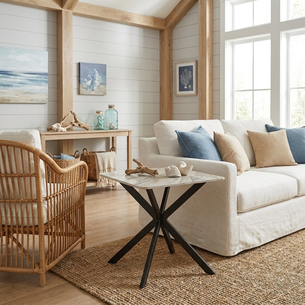 Manhattan end table with a sintered stone top on a black steel spider base, styled in a coastal living room