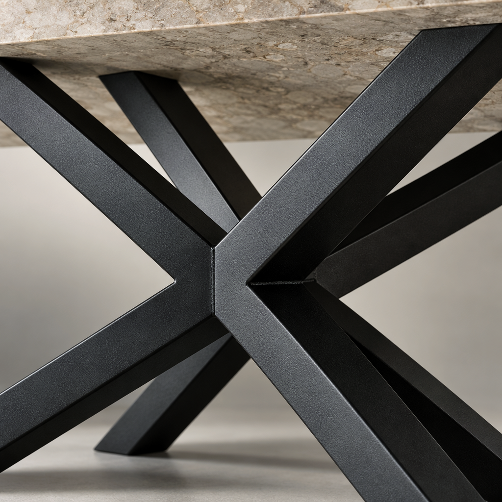 Close-up of the Manhattan console table black steel spider base where the arms cross