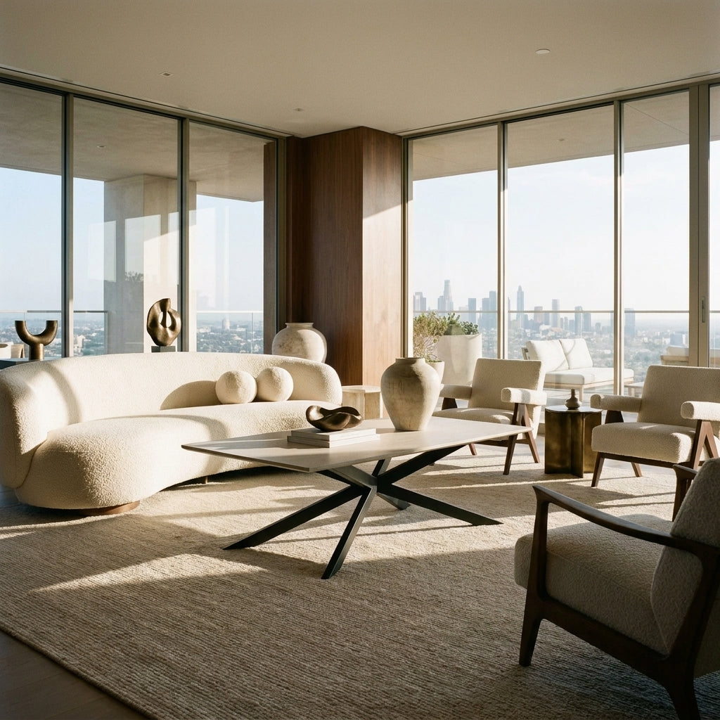 Manhattan coffee table with a sintered stone top on a black steel spider base, styled in a bright living room