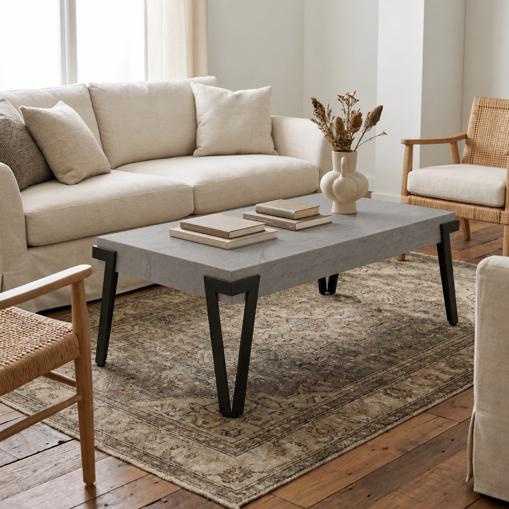 Giorgio coffee table with a grey ceramic top on black steel legs, styled in a minimalist living room