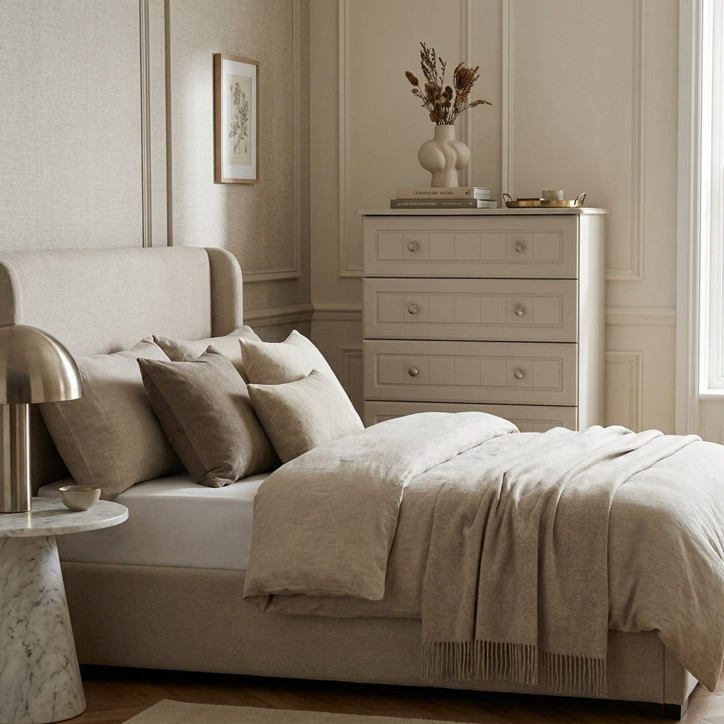 Aurora 6 drawer chest in a greige painted finish, styled in a transitional bedroom