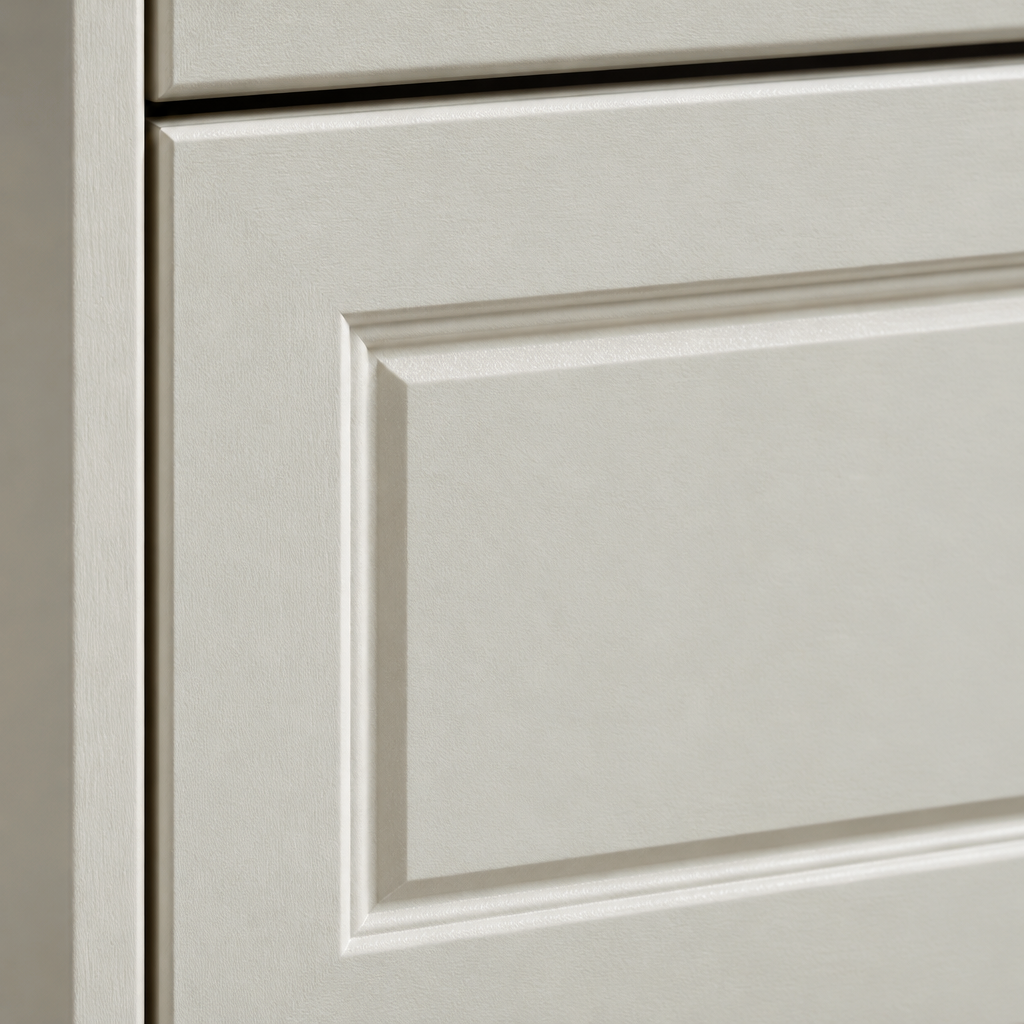 Close-up of an Aurora 5 drawer chest drawer front showing the recessed shaker panel in an off white painted finish