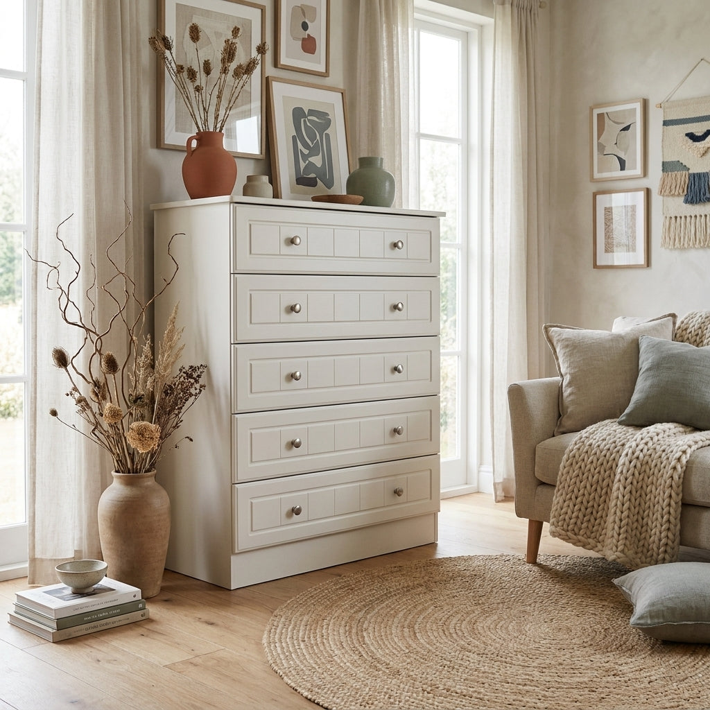 Aurora 5 drawer chest in an off white painted finish, styled in a Scandinavian bedroom