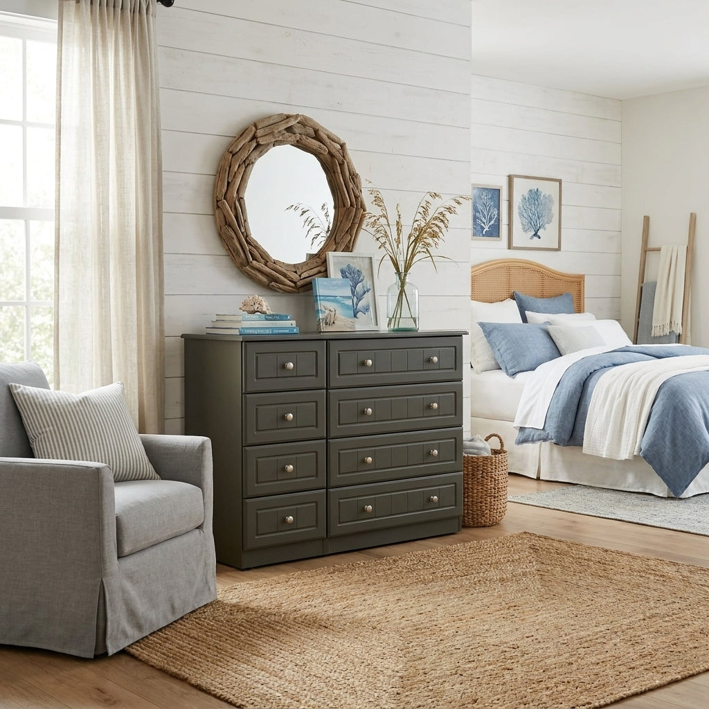 Aurora 4 drawer combi chest in an olive charcoal painted finish, styled in a coastal bedroom