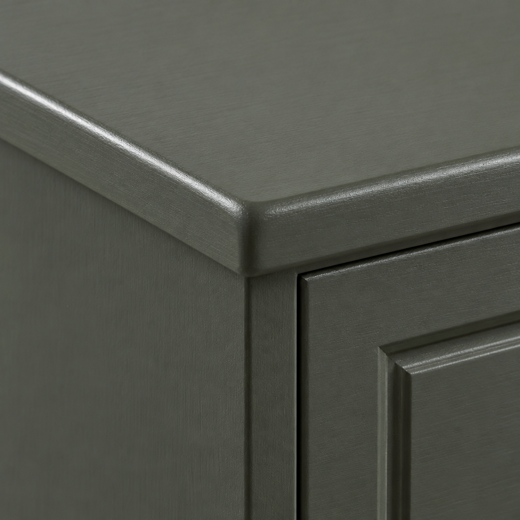 Close-up of the Aurora deep chest top corner and overhang in an olive charcoal painted finish