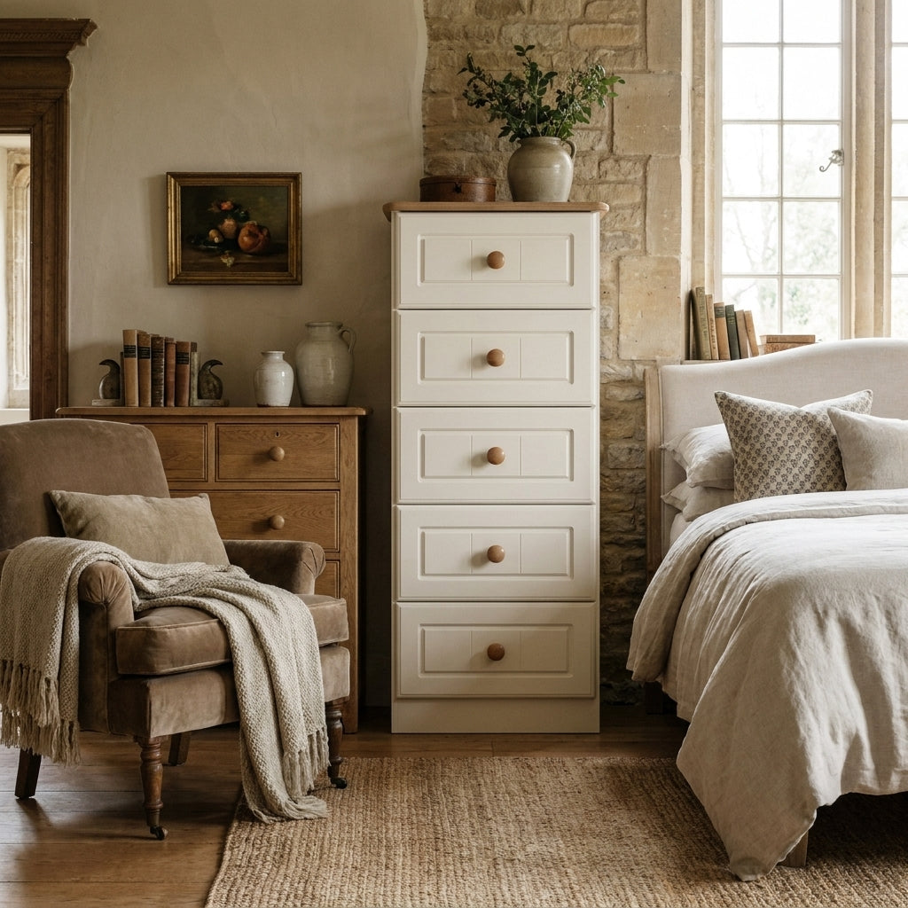 Aurora 5 drawer bedside chest in cream with an oak top, styled beside a bed in a period bedroom