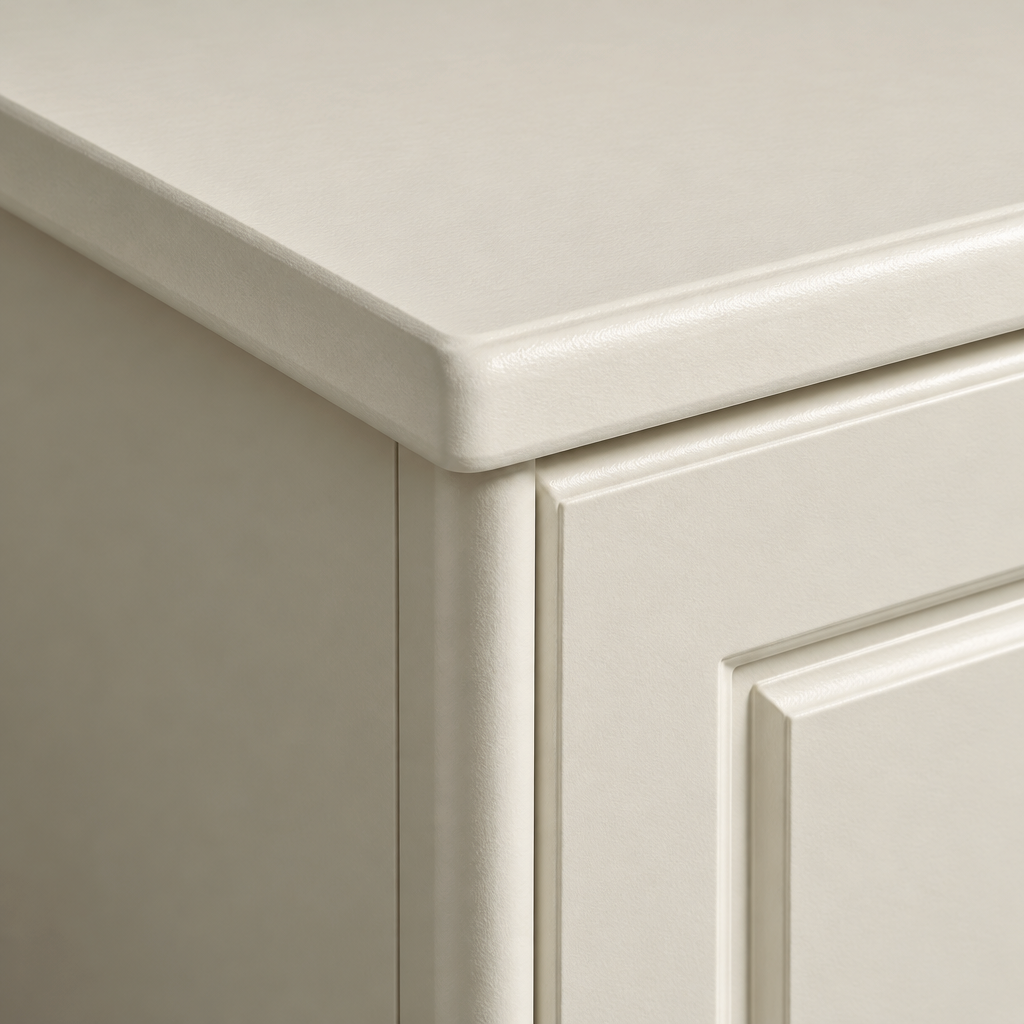 Close-up of the Aurora 4 drawer bedside top corner and overhang in a cream painted finish