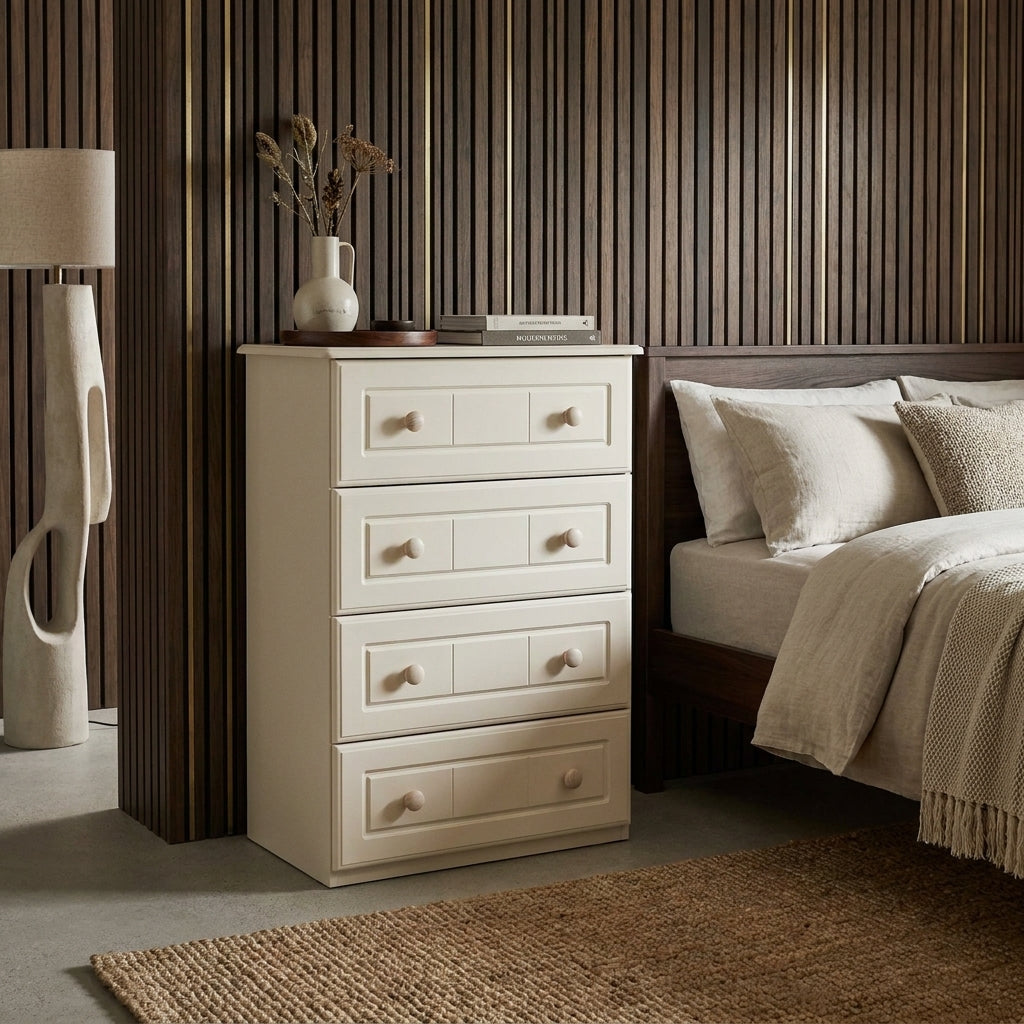 Aurora 4 drawer bedside chest in a cream painted finish, styled beside a bed