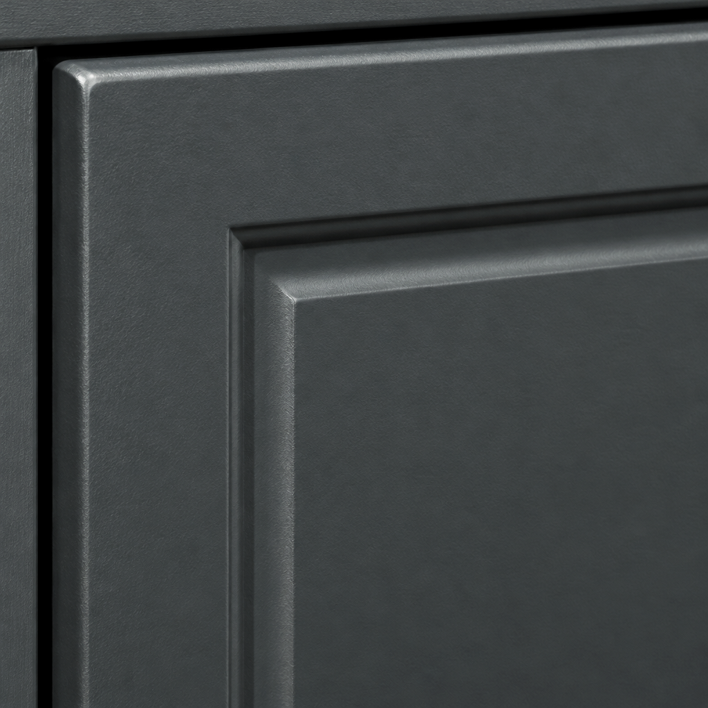 Close-up of an Aurora 3 drawer bedside drawer front showing the recessed shaker panel in a charcoal painted finish