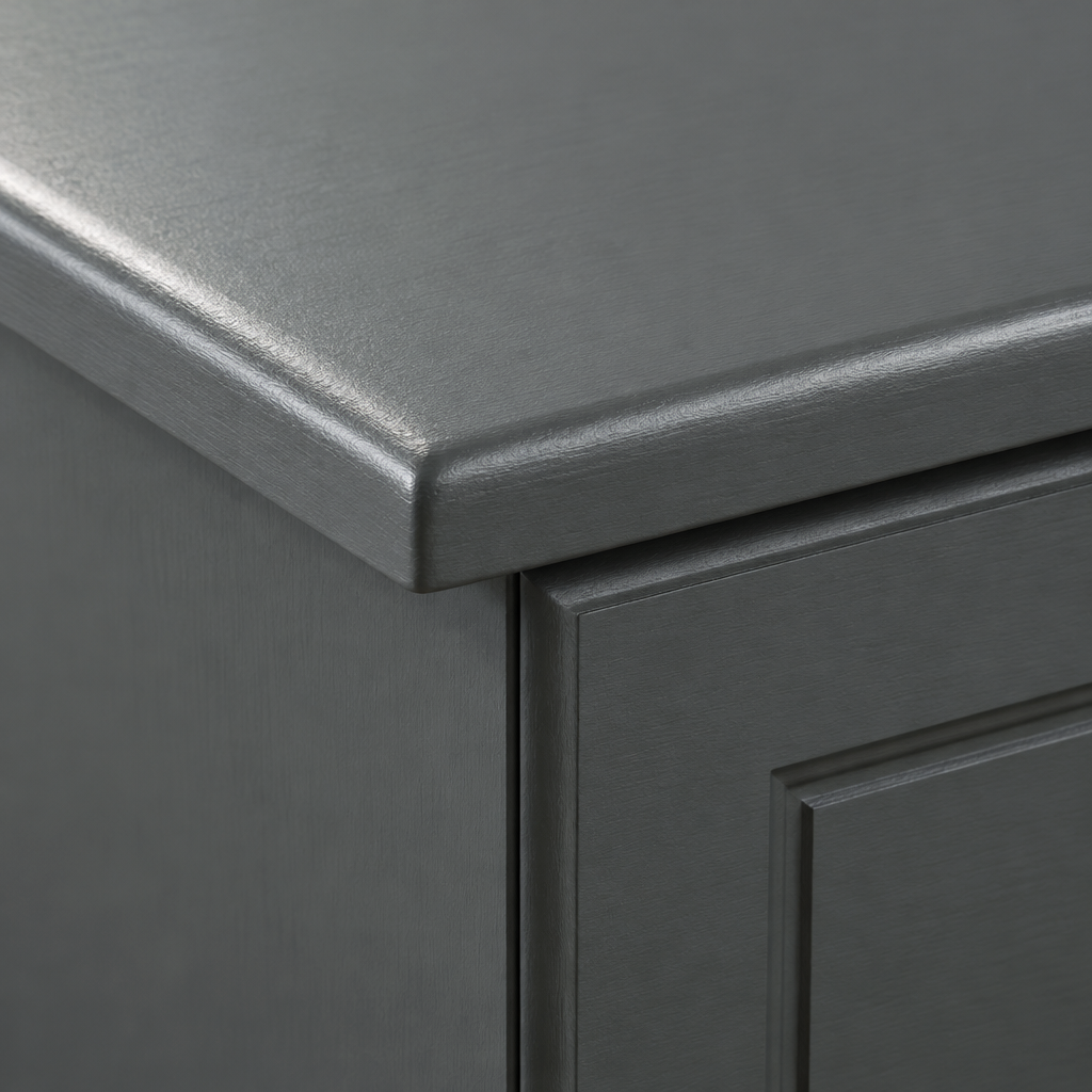 Close-up of the Aurora 3 drawer bedside top corner and overhang in a charcoal painted finish