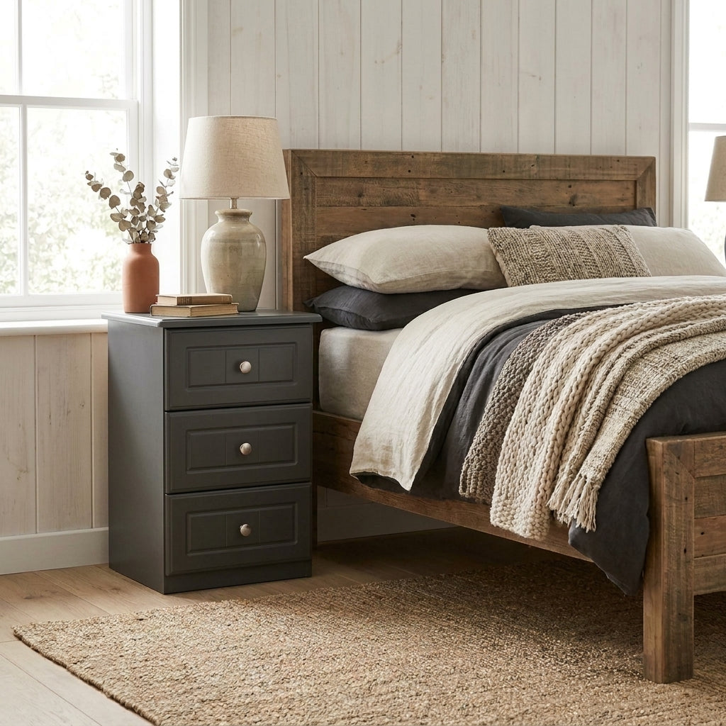 Aurora 3 drawer bedside chest in charcoal, standing against the wall beside a bed
