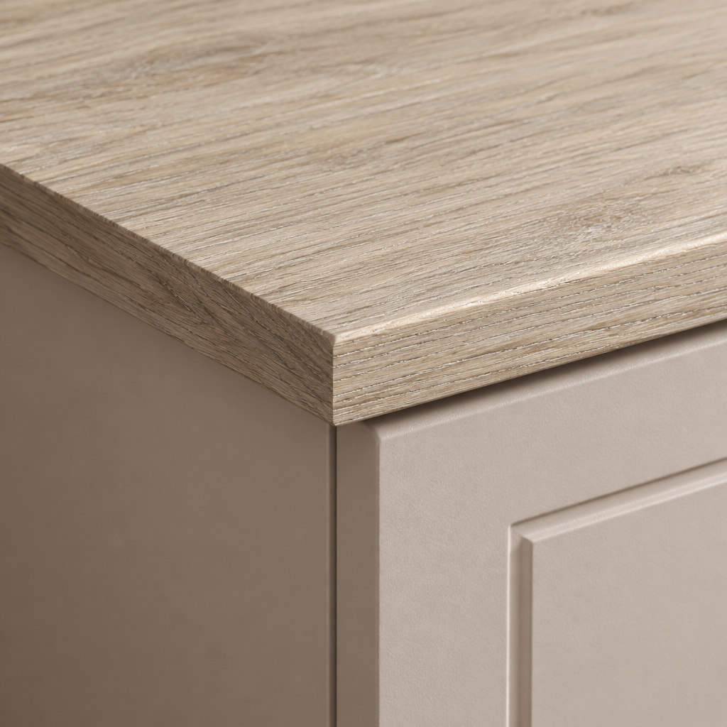 Close-up of the Aurora 4 drawer chest wood top meeting the blush taupe painted carcass