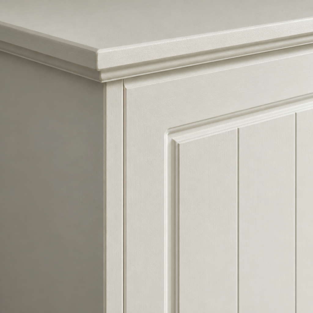 Close-up of the Aurora 2 door wardrobe cornice and top corner in an off white painted finish