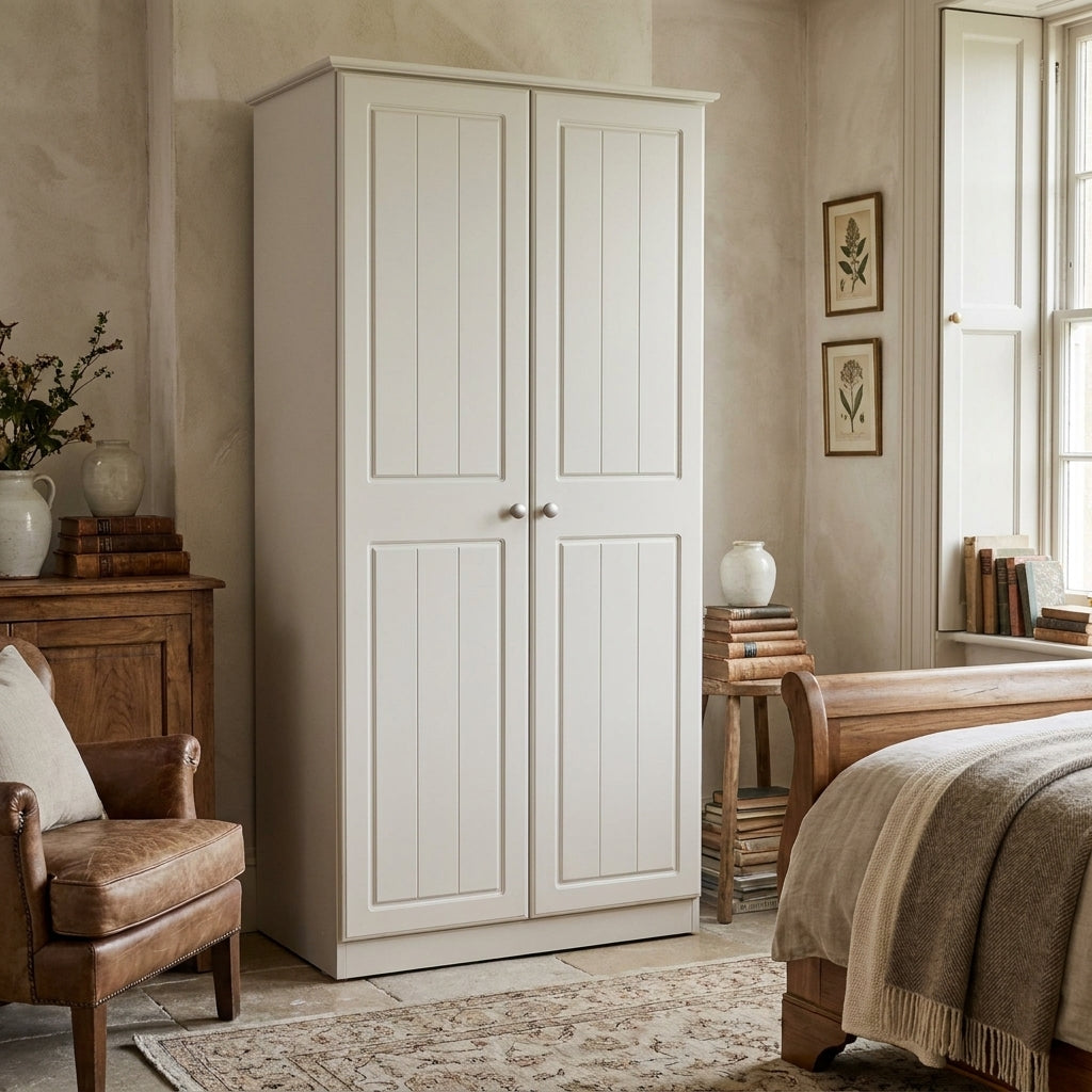 Aurora 2 door wardrobe in off white with boarded doors, standing against a bedroom wall