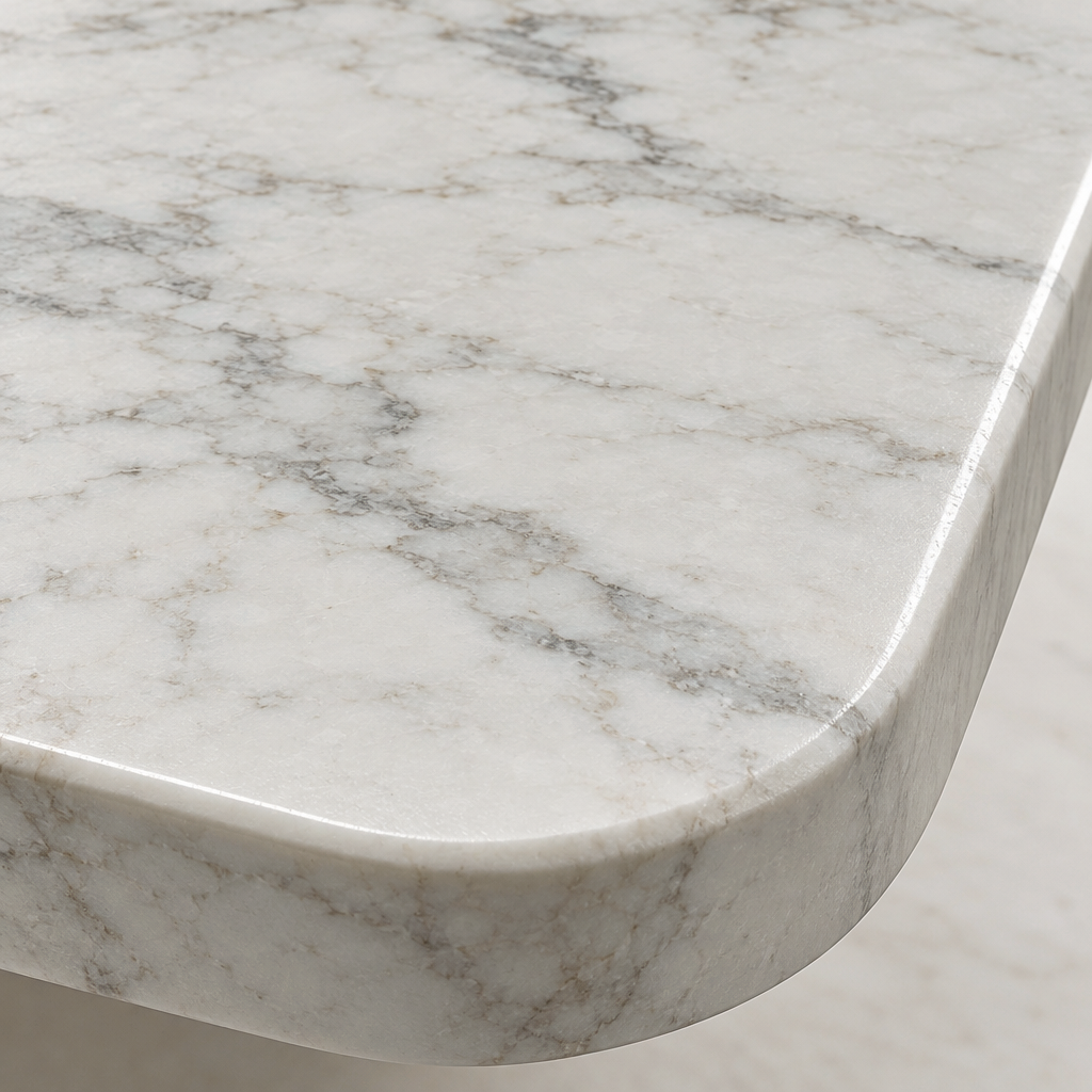 Close detail of the Castello Coffee Table's white ceramic top, showing the grey veining, chamfered edge and rounded corner
