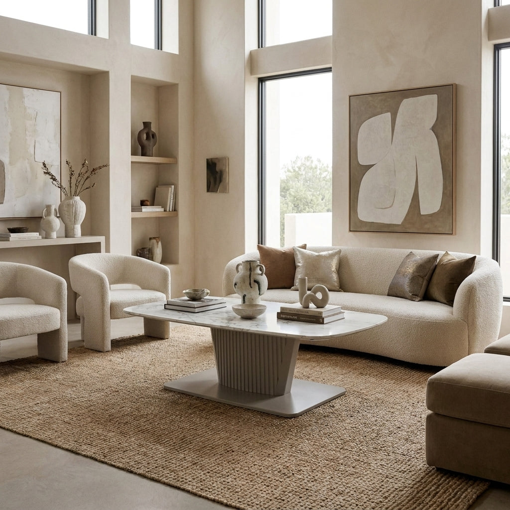 Castello Coffee Table with white ceramic top and fluted taupe pedestal in a contemporary living room