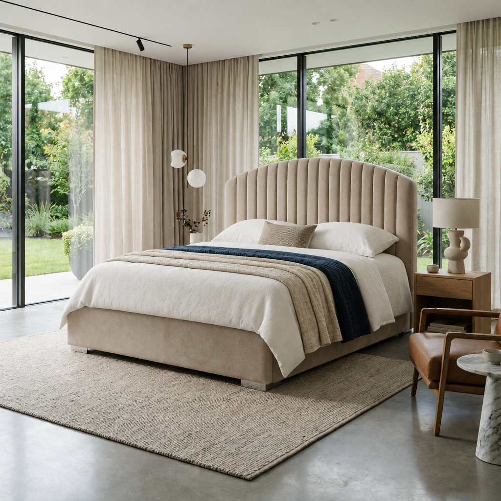 Dusk Bedframe in oatmeal fabric with a curved channelled headboard in a bright modern bedroom