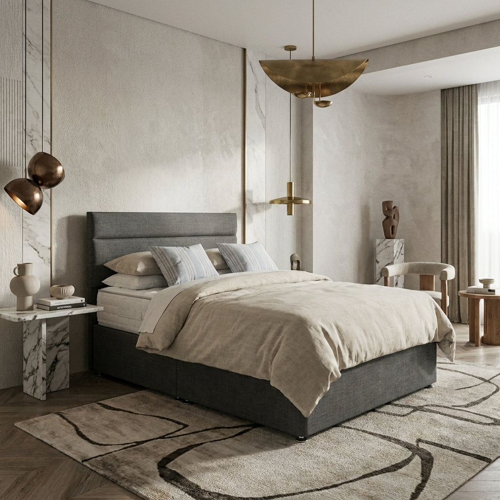 Leia bed in charcoal woven fabric with a plain panel headboard in a contemporary bedroom
