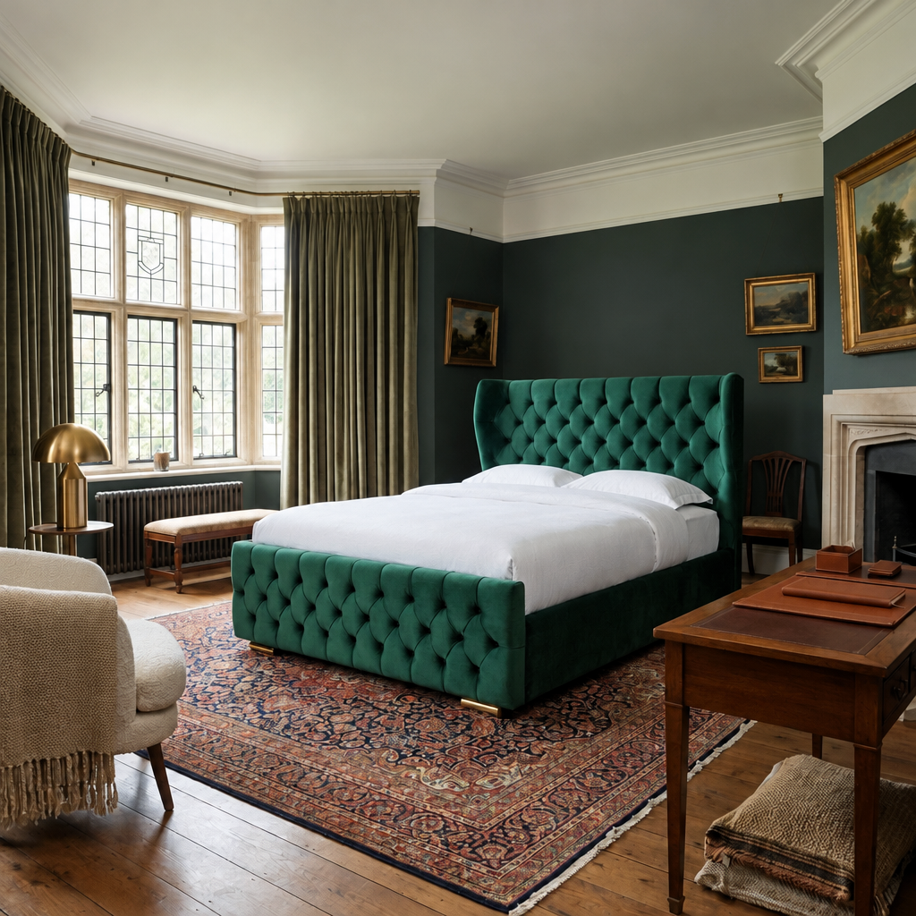 Nimbus Bed Frame in emerald green buttoned velvet with a wing headboard and brass feet in a heritage bedroom