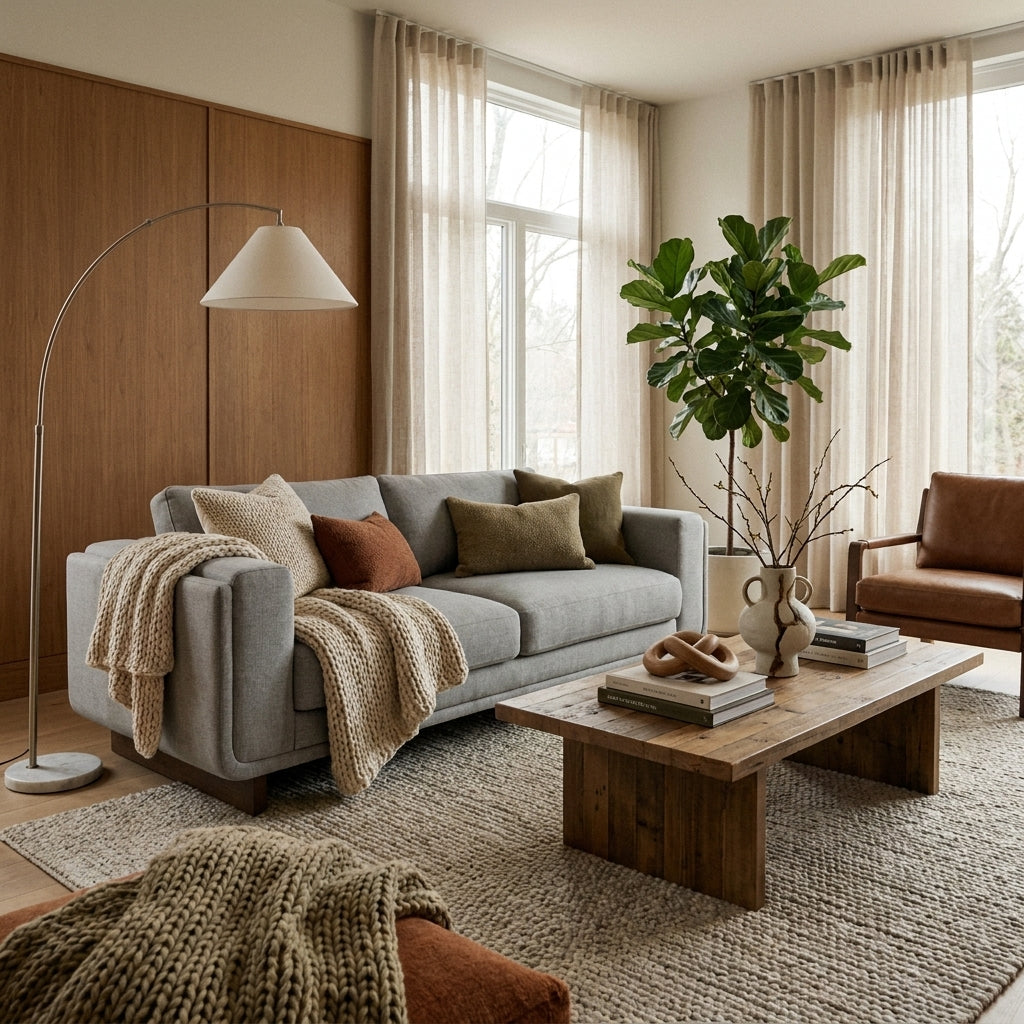 Marcus Sofa in soft grey fabric with wooden sleigh feet in a Scandinavian living room