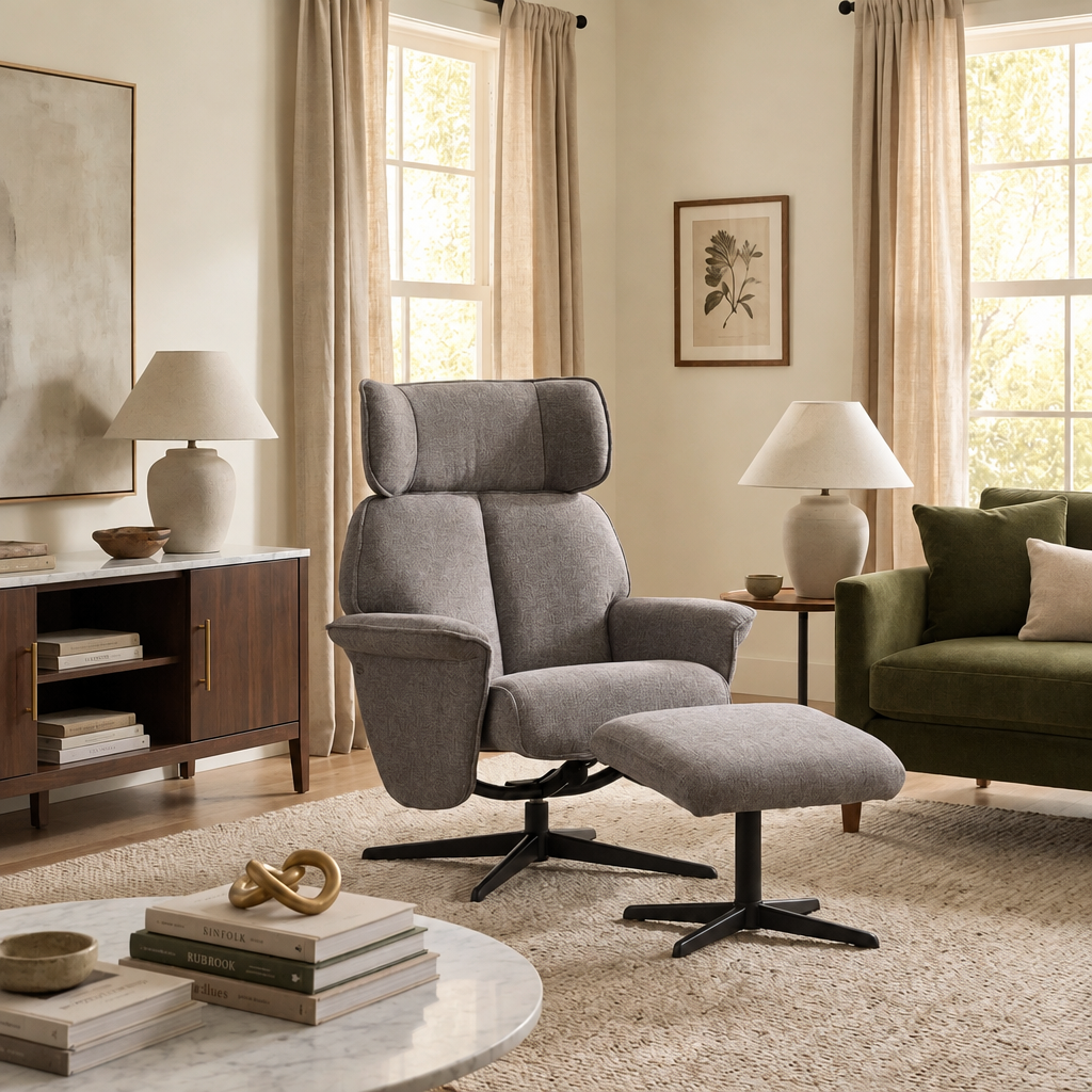 Kirk Swivel Chair and matching footstool in flecked grey fabric on black swivel bases, in a transitional living room