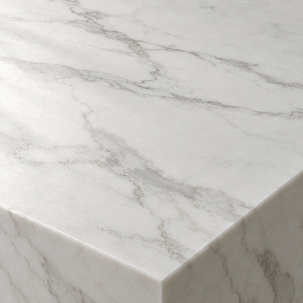 Close detail of the Montblanc Coffee Table's white marble effect surface showing the veining and the slab edge