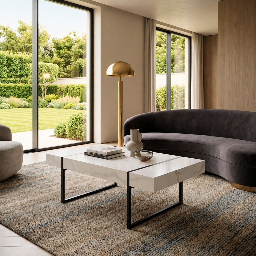 Montblanc Coffee Table with white marble effect top on slim black metal legs in a modern living room