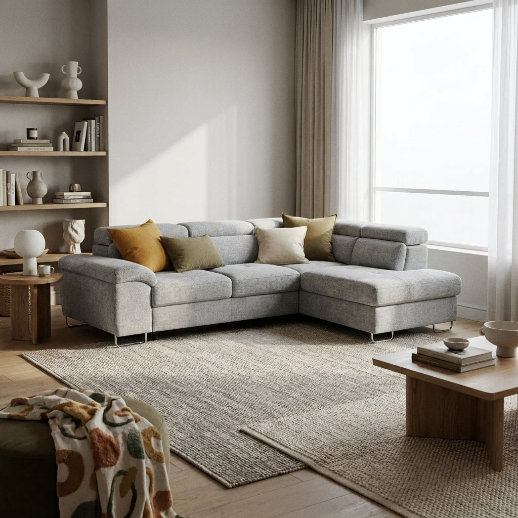Bari corner sofa bed in light grey in a living room