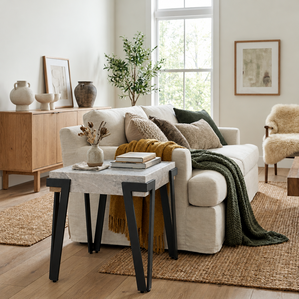 Giorgio lamp table with stone effect top beside a sofa in a light living room