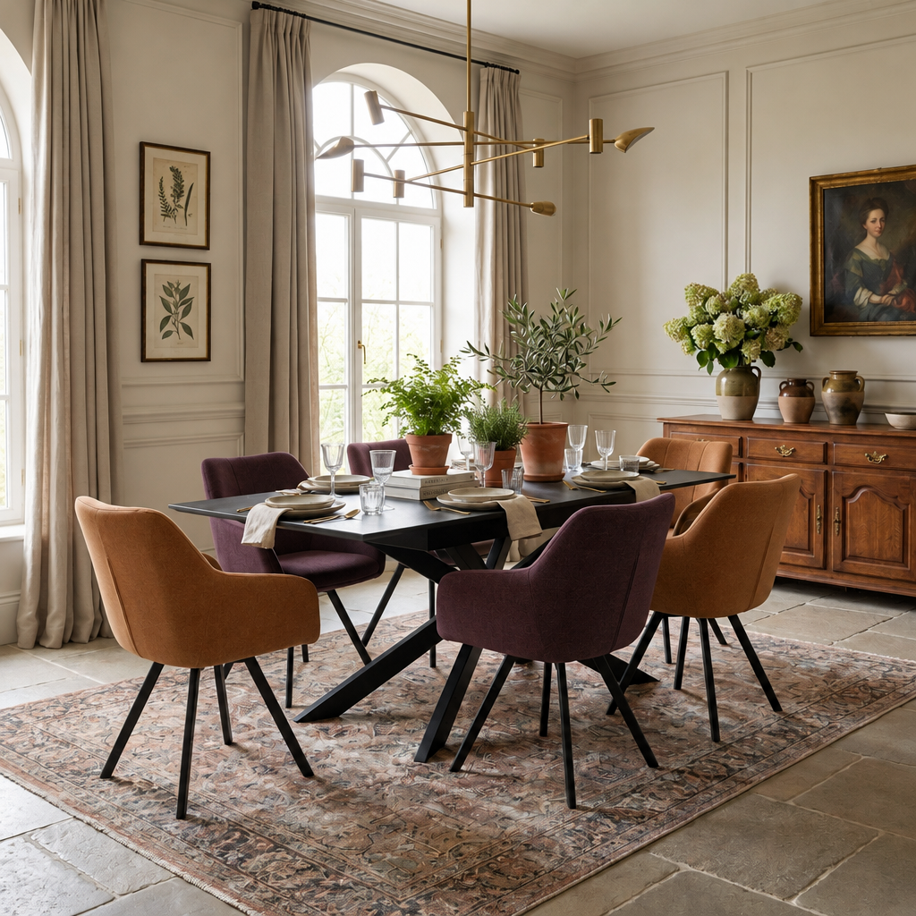 Manhattan dining set with tan and plum chairs laid for dinner